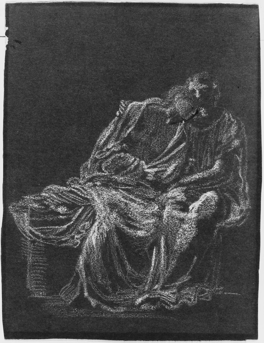 A seated couple, embracing, Sir Edward Burne-Jones (British, Birmingham 1833–1898 Fulham), White chalk with touches of graphite on brown paper