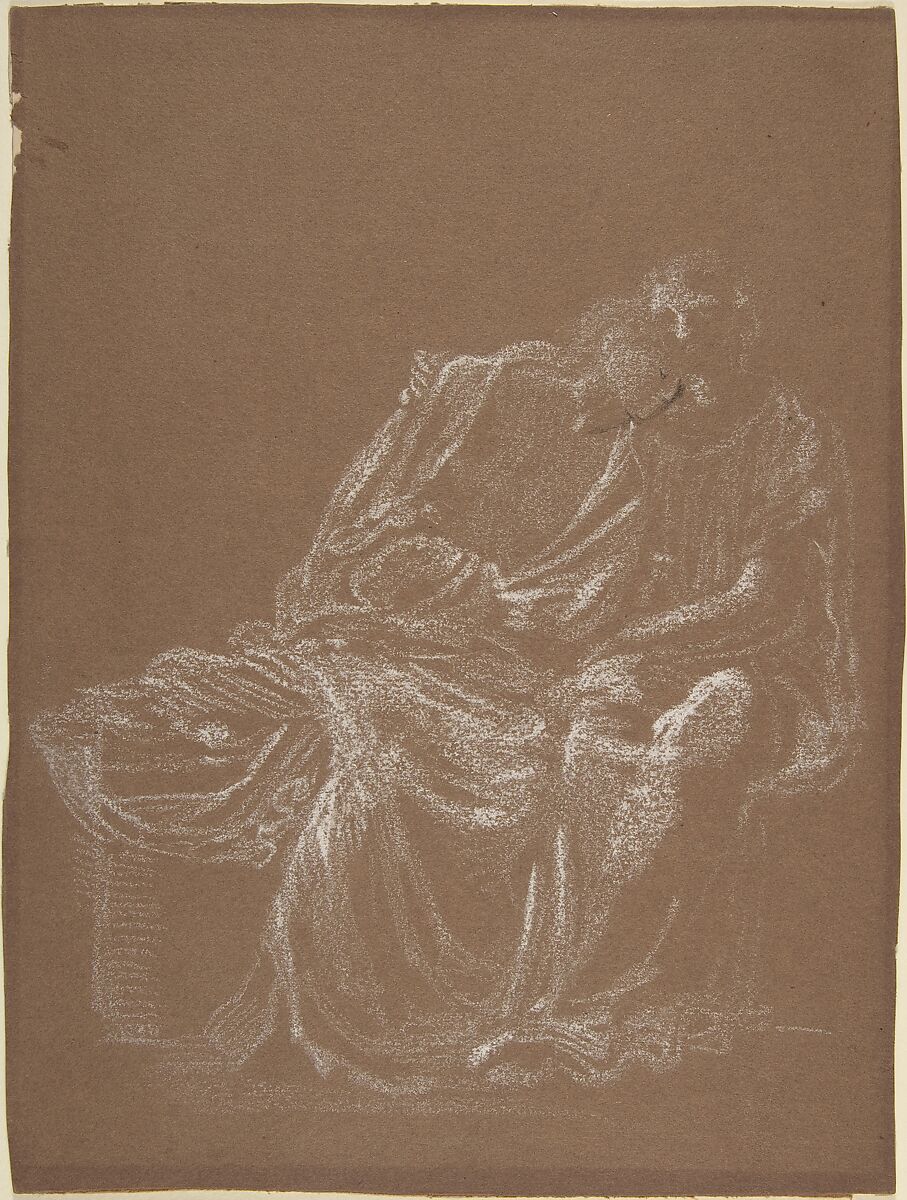 A seated couple, embracing, Sir Edward Burne-Jones (British, Birmingham 1833–1898 Fulham), White chalk with touches of graphite on brown paper 