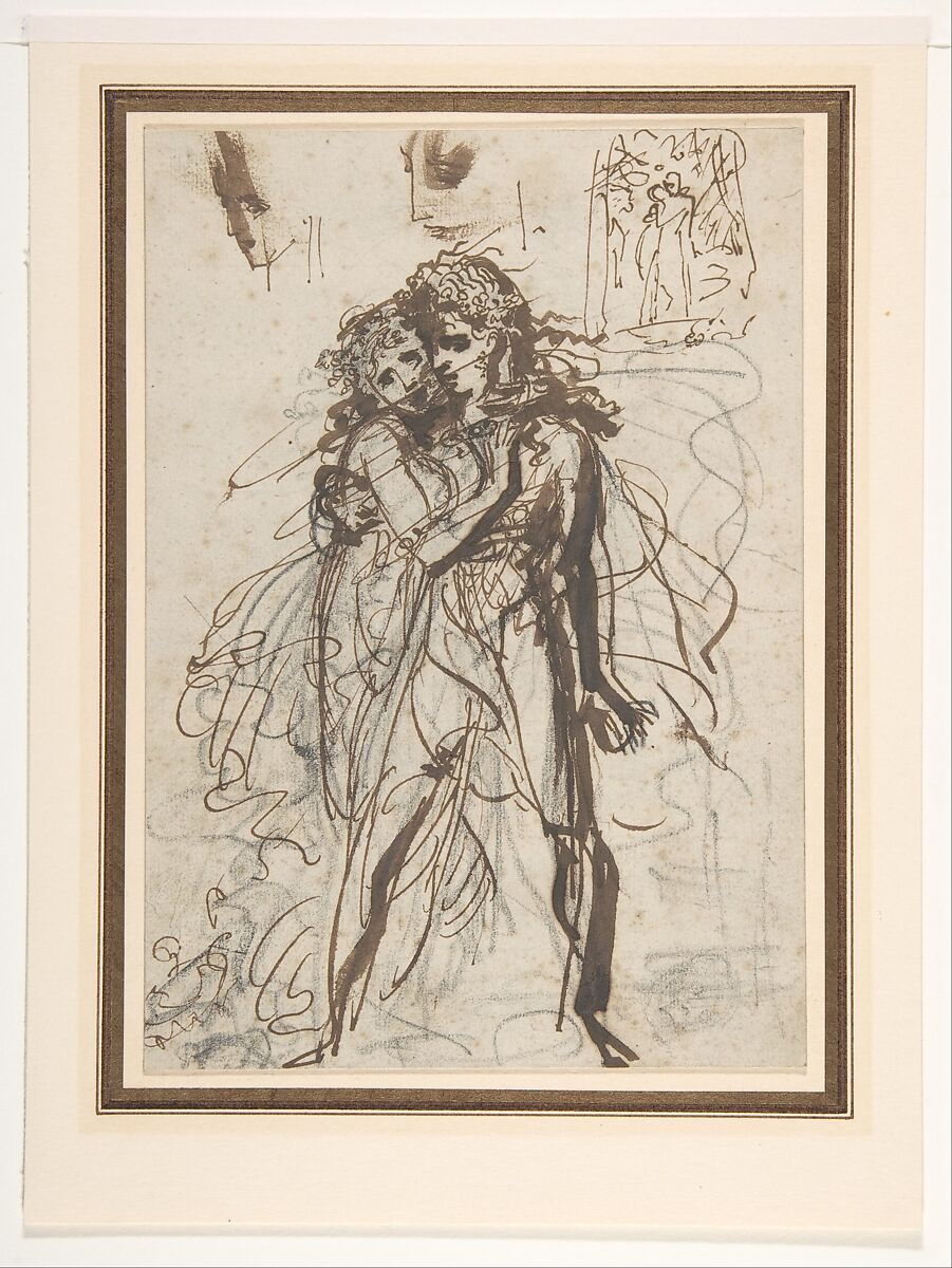 A Man and a Woman Embracing, baron Antoine Jean Gros (French, Paris 1771–1835 Meudon), Pen and brown ink with brown wash over black chalk 