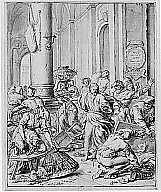 Christ Driving the Money Changers from the Temple, Matthias Scheits (German, Hamburg ca. 1625–ca. 1700 Hamburg), Pen and brown ink and gray wash; black chalk and incised for transfer