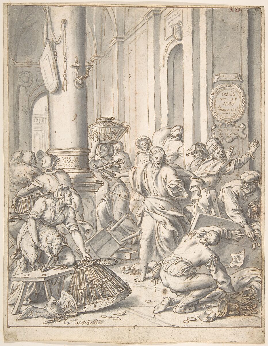 Christ Driving the Money Changers from the Temple, Matthias Scheits (German, Hamburg ca. 1625–ca. 1700 Hamburg), Pen and brown ink and gray wash; traced in black chalk and incised for transfer 