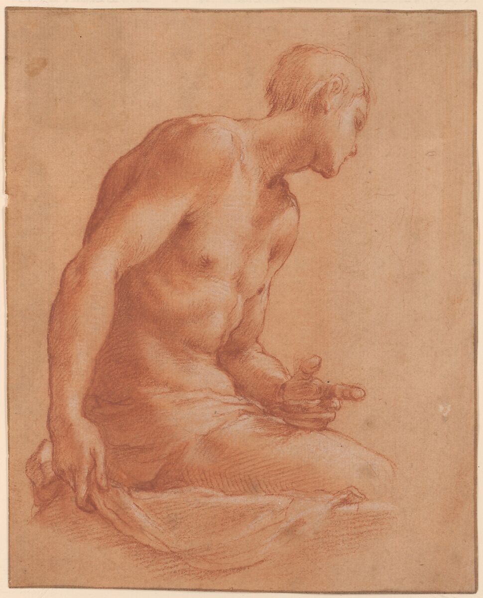 Seated Boy, Girolamo Macchietti (Italian, Florence (?) ca. 1535–1592 Florence), Red chalk, highlighted with white chalk; framing outlines in pen and brown ink