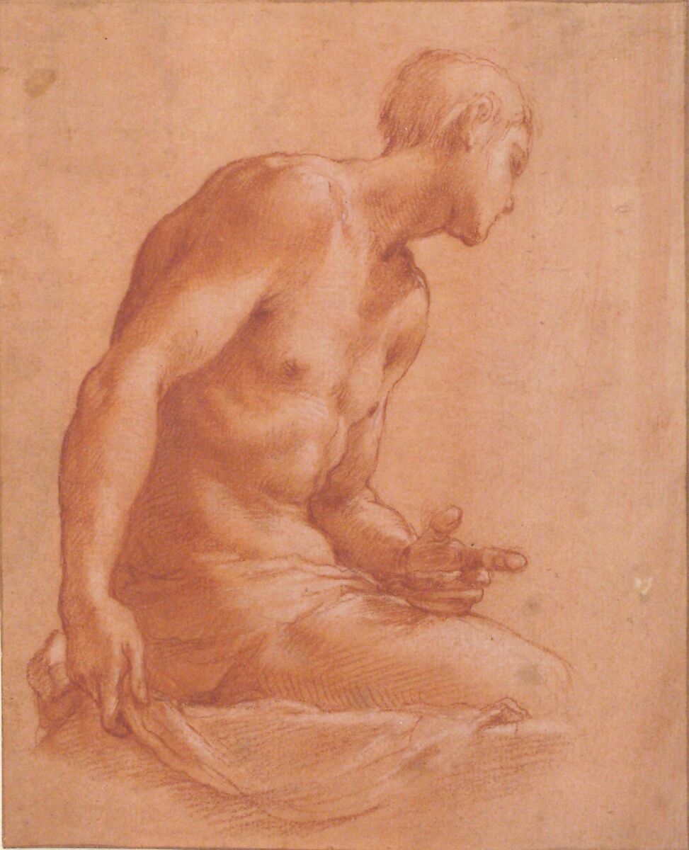Seated Boy, Girolamo Macchietti (Italian, Florence (?) ca. 1535–1592 Florence), Red chalk, highlighted with white chalk; framing outlines in pen and brown ink