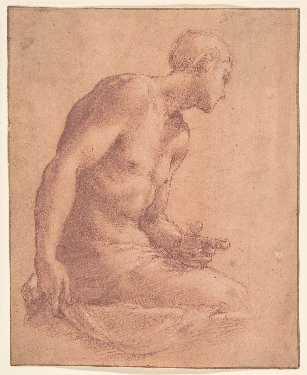 Seated Boy, Girolamo Macchietti (Italian, Florence (?) ca. 1535–1592 Florence), Red chalk, highlighted with white chalk, on off-white paper washed with pale ochre; framing outlines in pen and brown ink 