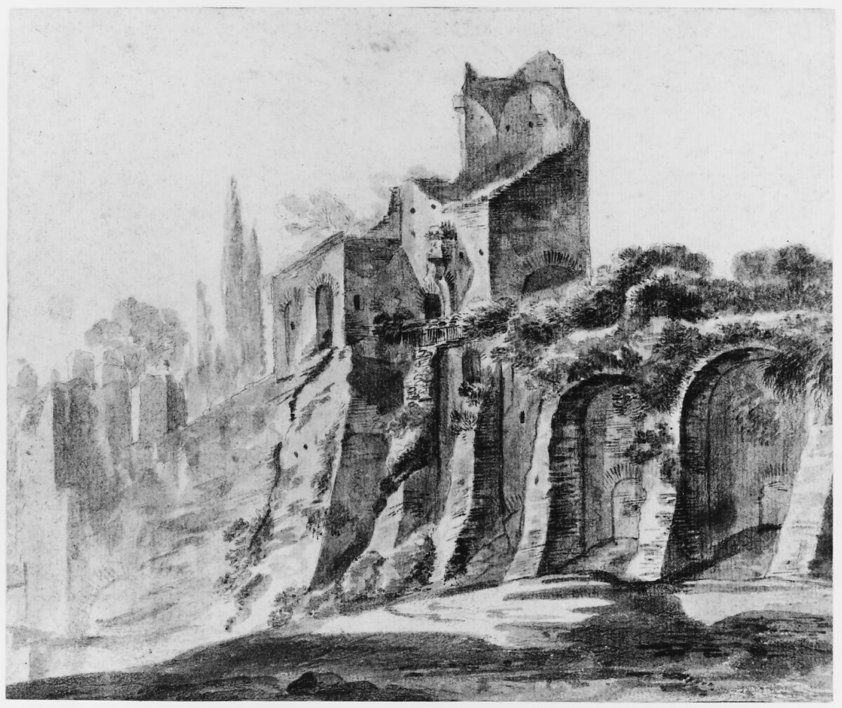 Ruins on the Palatine in Rome, Johann Anton Eismann (Austrian, Salzburg ca. 1604–ca. 1698 Venice), Brush and gray ink, over black chalk