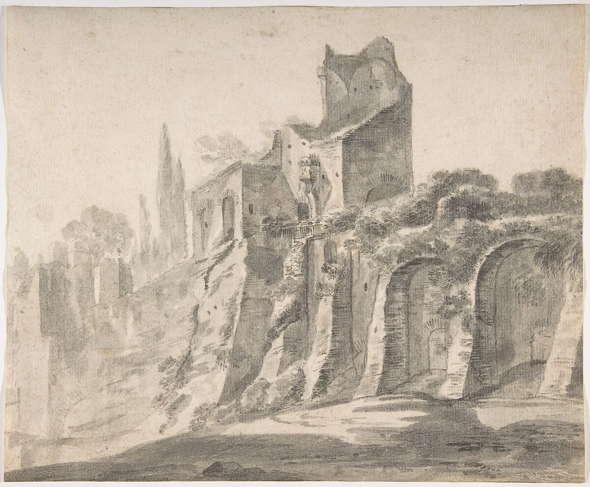 Ruins on the Palatine in Rome, Johann Anton Eismann (Austrian, Salzburg ca. 1604–ca. 1698 Venice), brush and gray ink, over black chalk 