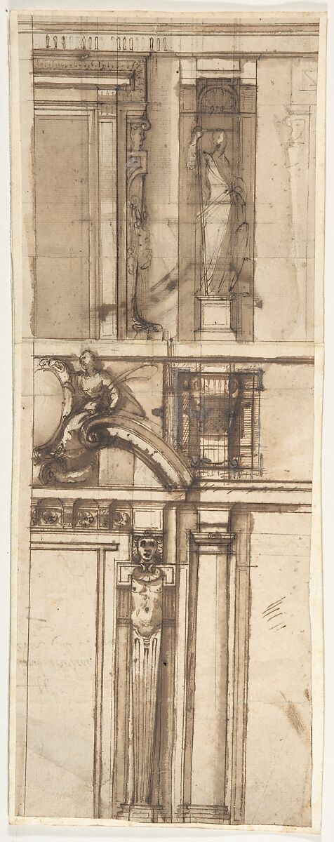 Design in Elevation for the Façade of a Building, Cigoli (Ludovico Cardi) (Italian, Castello di Cigoli 1559–1613 Rome), Pen and dark brown ink, brush and brown wash, over leadpoint or black chalk, on three glued pieces of paper 