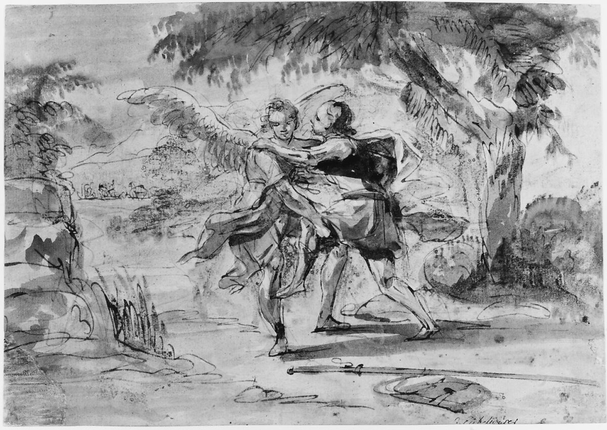 Jacob and the Angel, Johann Jacob Eybelwieser (Austrian, Vienna (?), ca. 1667–1744 Breslau), Pen and brown ink and watercolor over black chalk