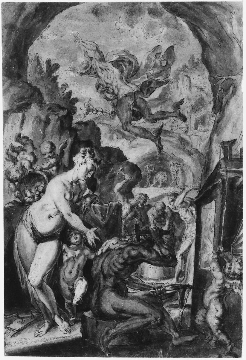 Venus in the Forge of Vulcan, Anonymous, German, 17th century, Pen and black ink, gray wash, heightened with white (partially oxidized)