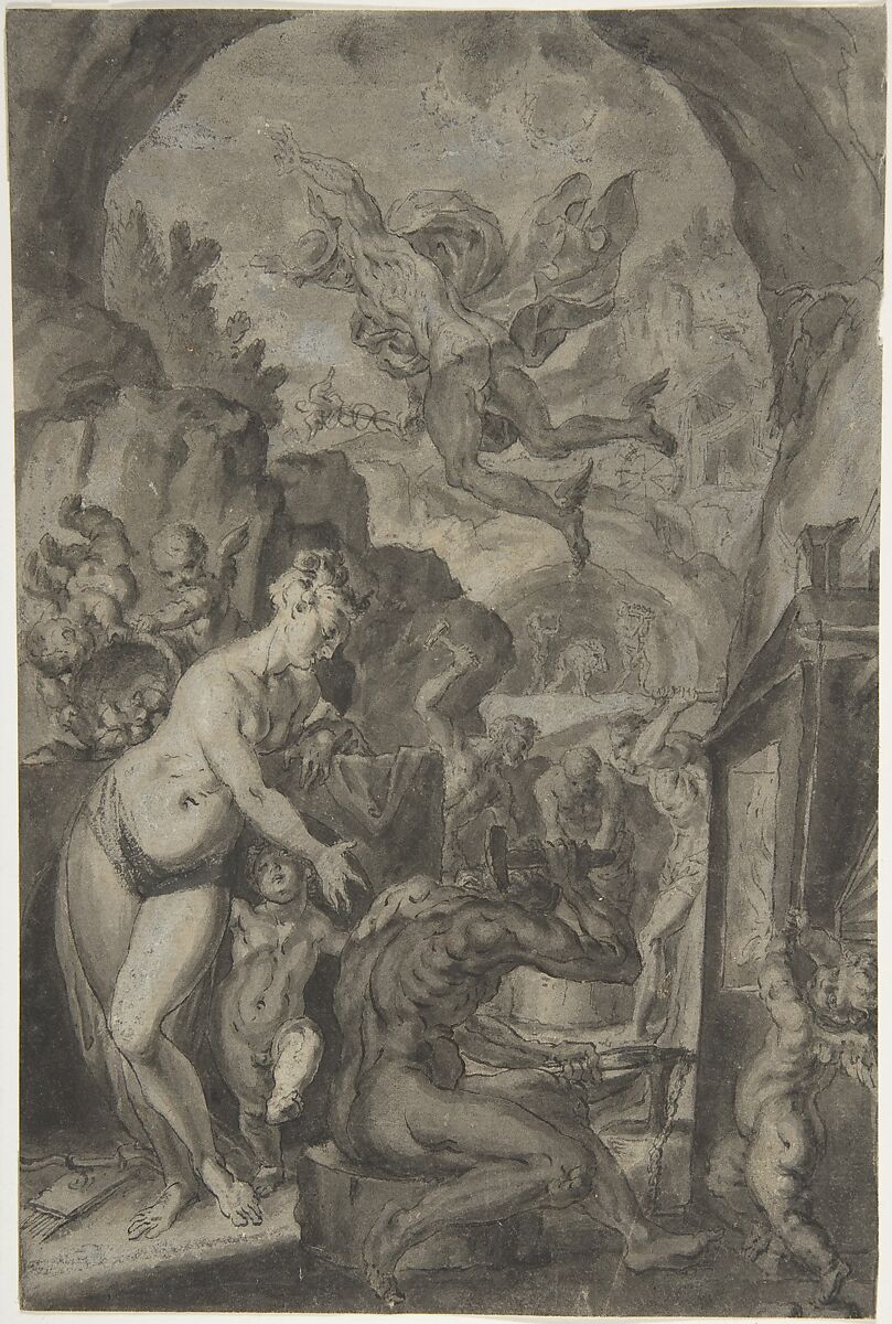 Venus in the Forge of Vulcan, Anonymous, German, 17th century, Pen and black ink, gray wash, heightened with white (partially oxidized) 