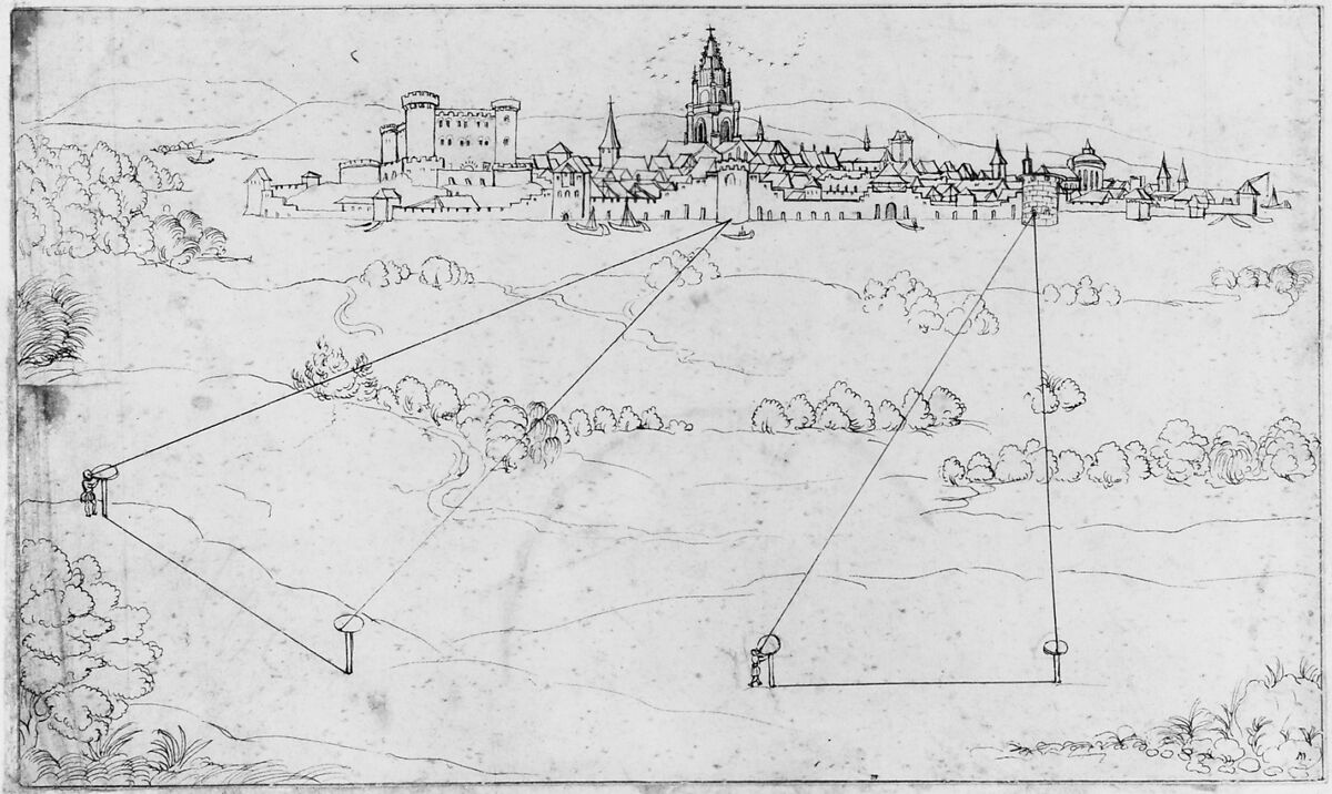 Perspectival Study with a View of a Medieval City, Attributed to Matthäus Merian the Elder (Swiss, Basel 1593–1650 Schwalbach), Pen and black ink, touches of red chalk