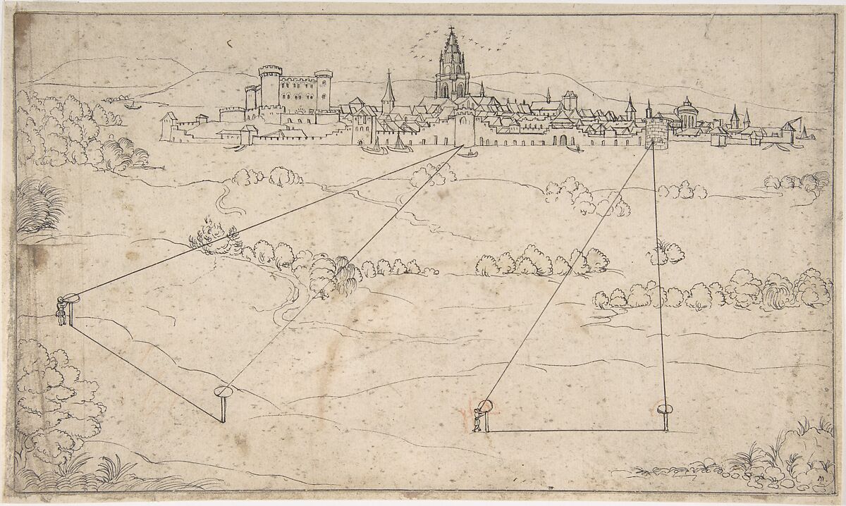 Perspectival Study with a View of a Medieval City, Attributed to Matthäus Merian the Elder (Swiss, Basel 1593–1650 Schwalbach), Pen and black ink, touches of red chalk 