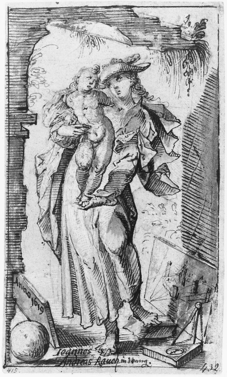 Allegory of Sculpture, Johann Andreas Rauch (Swiss, active Wangen, ca. 1617–28), Pen and black ink, brush and gray wash, heightened with white (partially oxidized), over black chalk; framing lines in pen and black ink