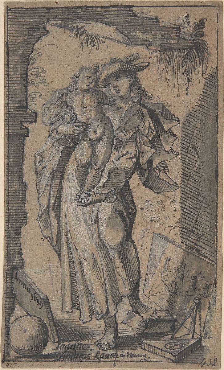 Allegory of Sculpture, Johann Andreas Rauch (Swiss, active Wangen, ca. 1617–28), Pen and black ink, brush and gray wash, heightened with white (partially oxidized), over traces of black chalk; framing lines in pen and black ink 