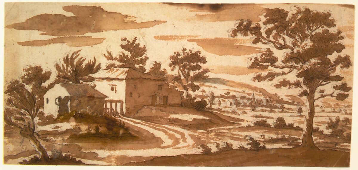 Landscape with Buildings and a Town in the Distance (recto); Study of a Building (verso), Jacques Callot (French, Nancy 1592–1635 Nancy), Brush and brown wash over black chalk (recto); pen and brown ink (verso)