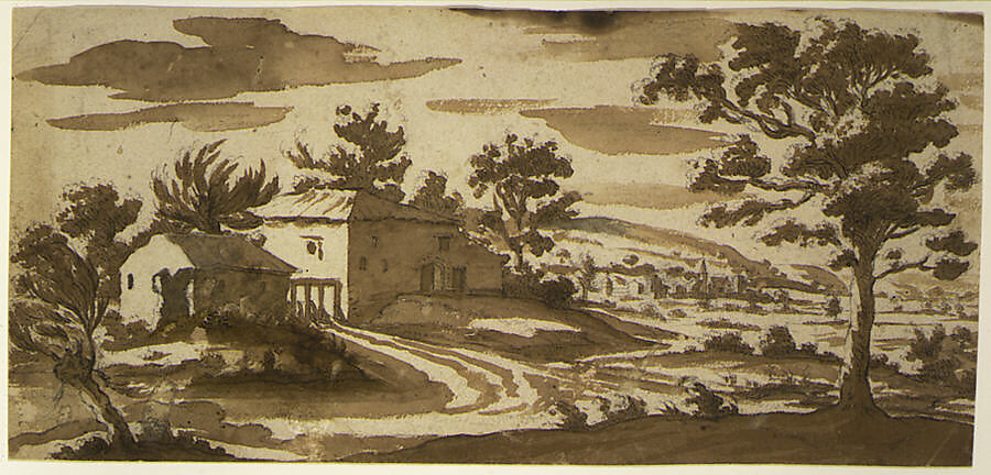 Landscape with Buildings and a Town in the Distance (recto); Study of a Building (verso), Jacques Callot (French, Nancy 1592–1635 Nancy), Brush and brown wash over black chalk (recto); pen and brown ink (verso)