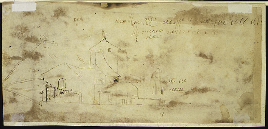 Landscape with Buildings and a Town in the Distance (recto); Study of a Building (verso), Jacques Callot (French, Nancy 1592–1635 Nancy), Brush and brown wash over black chalk (recto); pen and brown ink (verso)