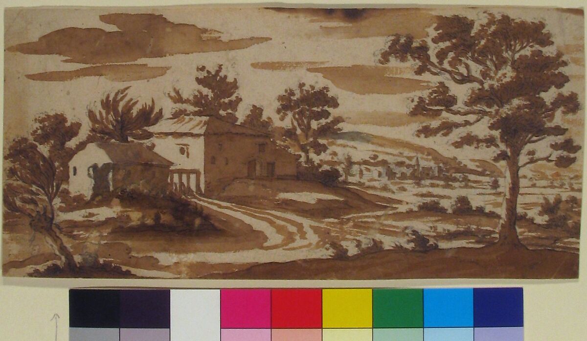 Landscape with Buildings and a Town in the Distance (recto); Study of a Building (verso), Jacques Callot (French, Nancy 1592–1635 Nancy), Brush and brown wash over black chalk (recto); pen and brown ink (verso)