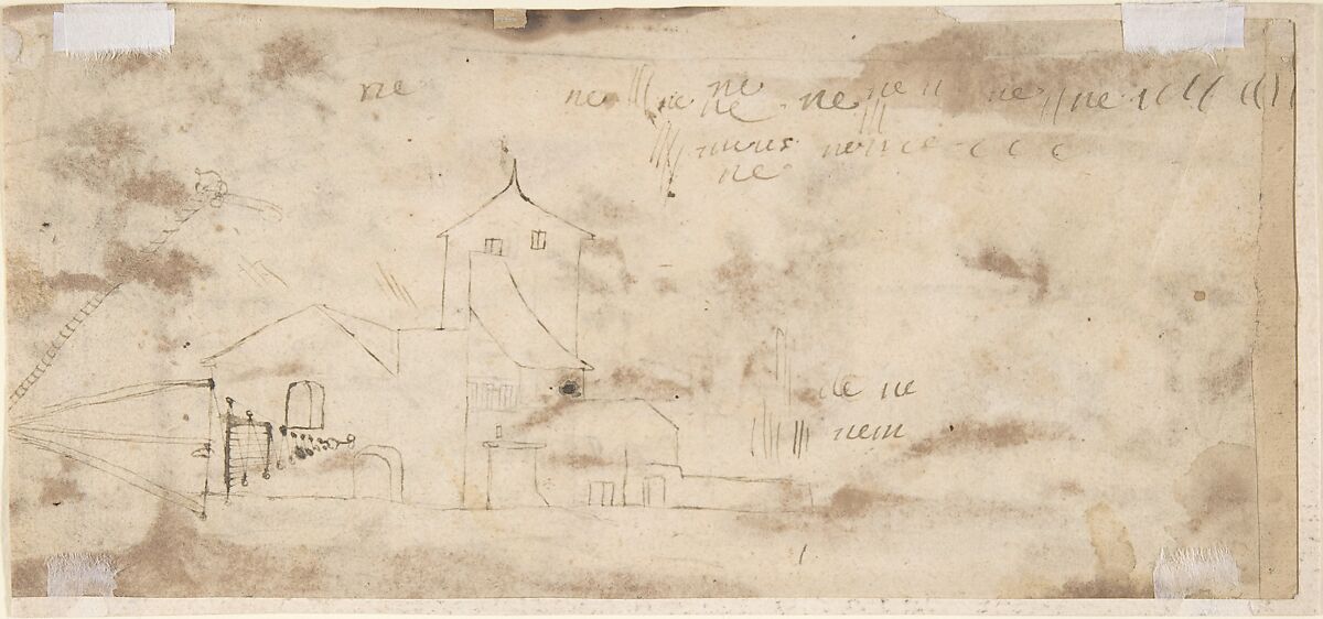 Landscape with Buildings and a Town in the Distance (recto); Study of a Building (verso), Jacques Callot (French, Nancy 1592–1635 Nancy), Brush and brown wash over black chalk (recto); pen and brown ink (verso)