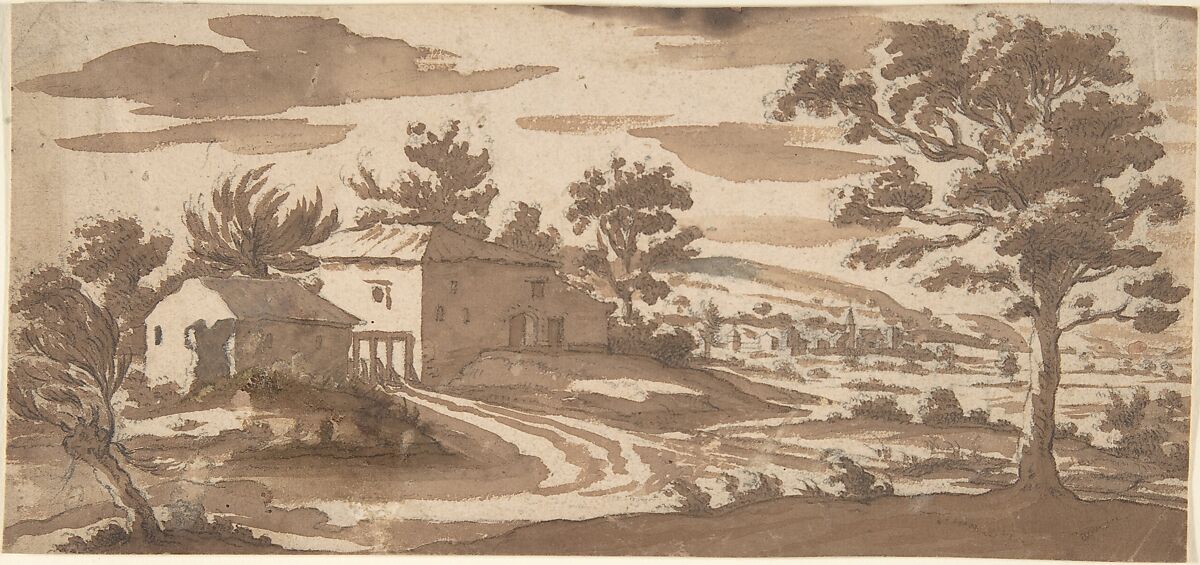 Landscape with Buildings and a Town in the Distance (recto); Study of a Building (verso), Jacques Callot (French, Nancy 1592–1635 Nancy), Brush and brown wash over black chalk (recto); pen and brown ink (verso) 