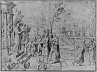 A Saint Addressing Figures from the Steps of a Temple, Antoine Caron (French, Beauvais 1521–1599 Paris), Pen and brown ink, brush and brown wash, heightened with white, over black chalk