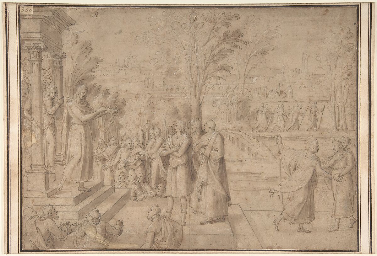 A Saint Addressing Figures from the Steps of a Temple, Antoine Caron (French, Beauvais 1521–1599 Paris), Pen and brown ink, brush and brown wash, heightened with white, over black chalk, on light brown paper 