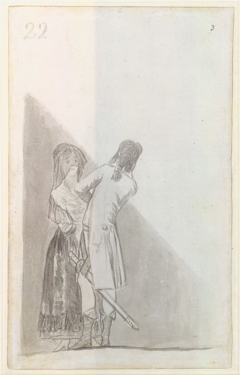 Maja and an officer; folio 22 (verso) from the Madrid Album "B", Goya (Francisco de Goya y Lucientes) (Spanish, Fuendetodos 1746–1828 Bordeaux), Brush and point of brush, carbon black washes