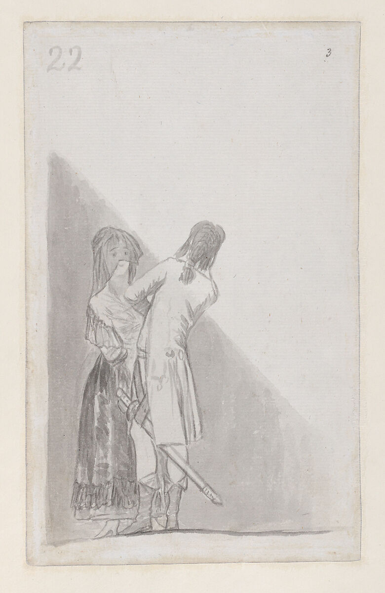 Maja and an officer; folio 22 (verso) from the Madrid Album "B", Goya (Francisco de Goya y Lucientes) (Spanish, Fuendetodos 1746–1828 Bordeaux), Brush and point of brush, carbon black washes, on laid paper 