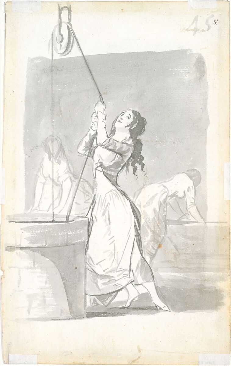 Three women, one in the foreground drawing water from a well, two in the background washing; folio 45 (recto) from the Madrid Album "B", Goya (Francisco de Goya y Lucientes) (Spanish, Fuendetodos 1746–1828 Bordeaux), Brush and point of brush, carbon black washes, on laid paper 
