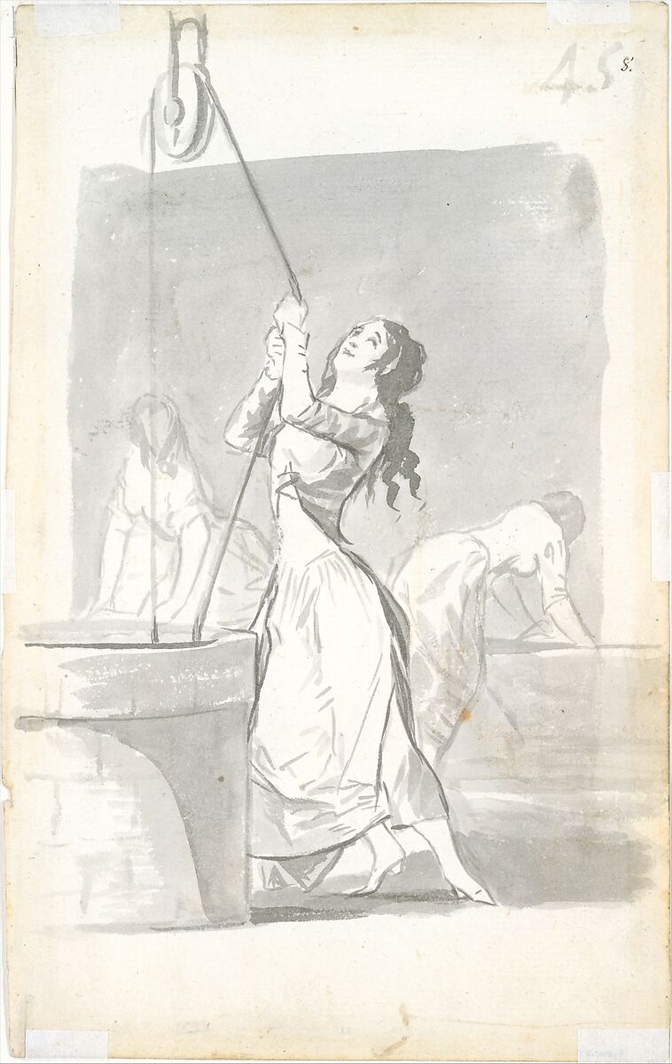 Three women, one in the foreground drawing water from a well, two in the background washing; folio 45 (recto) from the Madrid Album "B", Goya (Francisco de Goya y Lucientes)  Spanish, Brush and point of brush, carbon black washes, on laid paper