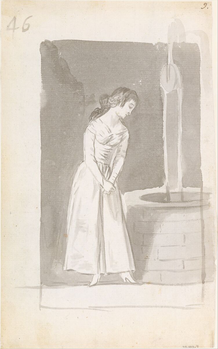 A young woman looking into a well; folio 46 (verso) from the Madrid Album "B", Goya (Francisco de Goya y Lucientes) (Spanish, Fuendetodos 1746–1828 Bordeaux), Brush and point of brush, carbon black washes, on laid paper 