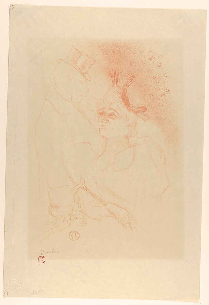Mademoiselle Lender and Baron, Henri de Toulouse-Lautrec (French, Albi 1864–1901 Saint-André-du-Bois), Crayon, brush, and spatter lithograph printed in sanguine on wove paper; only state 