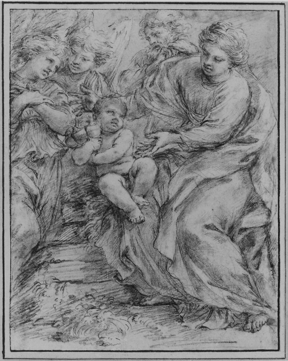 The Holy Family with Two Angels, Alessandro Algardi (Italian, Bologna 1598–1654 Rome), Black chalk on off-white laid paper; framing outline in pen and dark brown ink; glued onto a secondary paper support