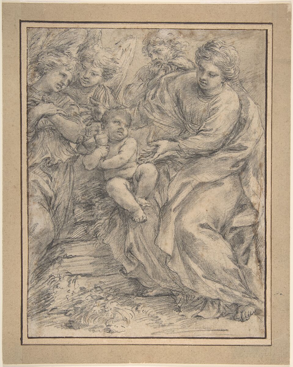 The Holy Family with Two Angels, Alessandro Algardi (Italian, Bologna 1598–1654 Rome), Black chalk on off-white laid paper; framing outline in pen and dark brown ink; glued onto a secondary paper support 