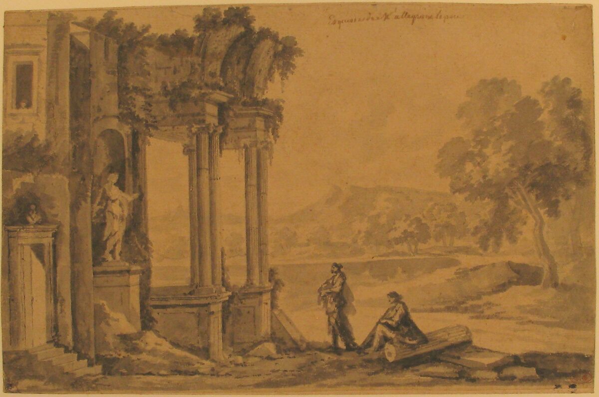 Ruins of a Temple by a Lake, Etienne Allegrain (French, Paris 1644–1736 Paris), Brush and gray wash, over graphite