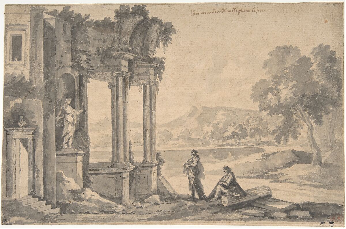 Ruins of a Temple by a Lake, Etienne Allegrain (French, Paris 1644–1736 Paris), Brush and gray wash, over graphite 