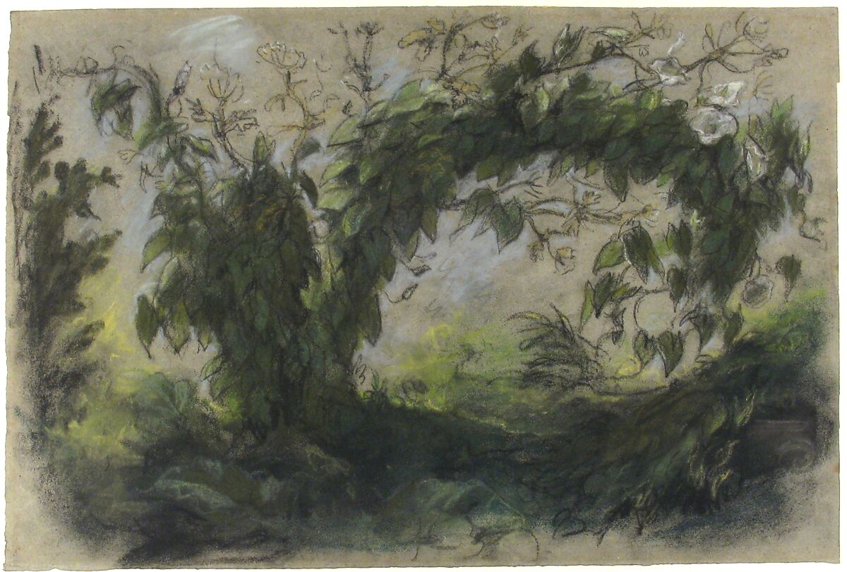 Arch of Morning Glories, Study for "A Basket of Flowers", Eugène Delacroix (French, Charenton-Saint-Maurice 1798–1863 Paris), Pastel on blue paper