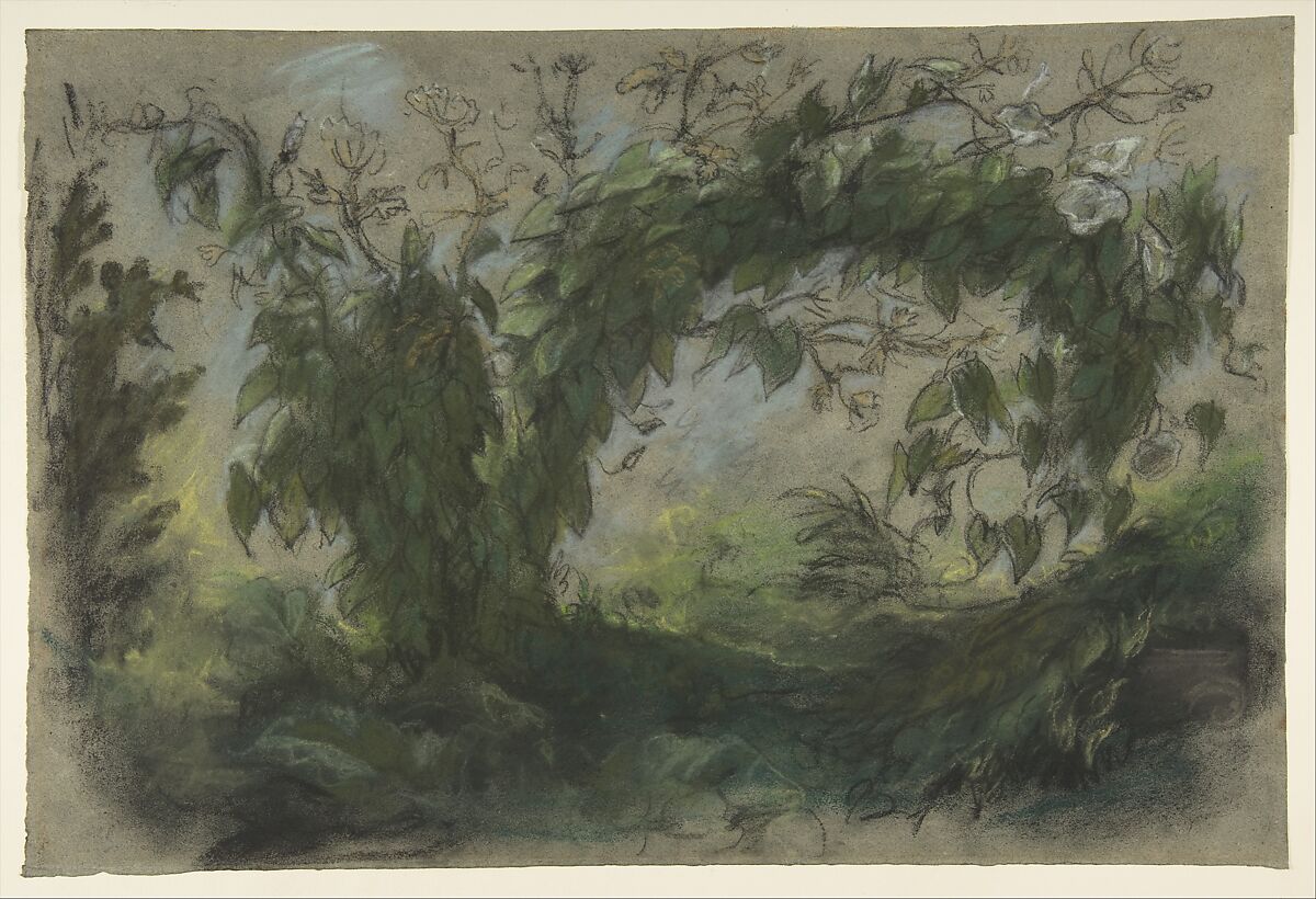Arch of Morning Glories, Study for "A Basket of Flowers", Eugène Delacroix (French, Charenton-Saint-Maurice 1798–1863 Paris), Pastel on blue paper 