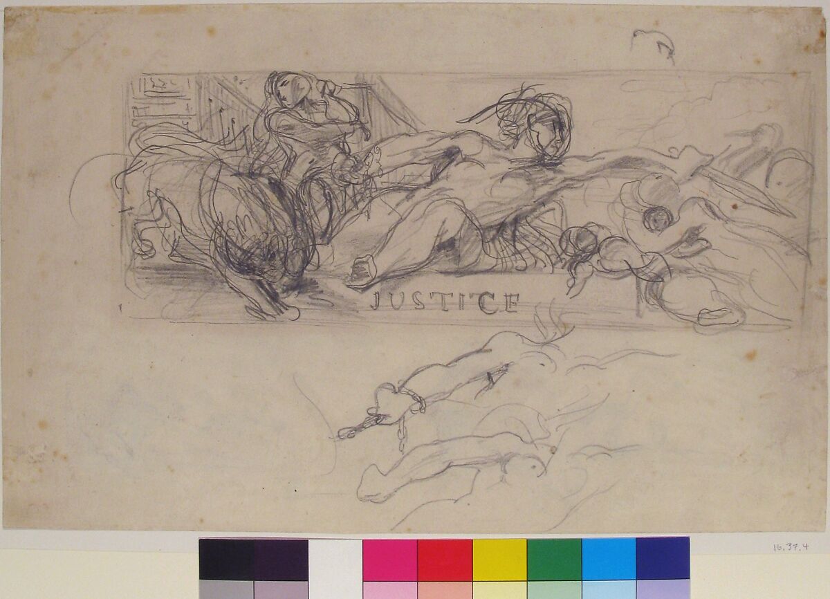 Study for an allegorical figure of Justice in the ceiling decoration of the Salon du Roi, Palais Bourbon (recto); studies of allegorical figures, and architectural sketches (verso), Eugène Delacroix (French, Charenton-Saint-Maurice 1798–1863 Paris), Graphite