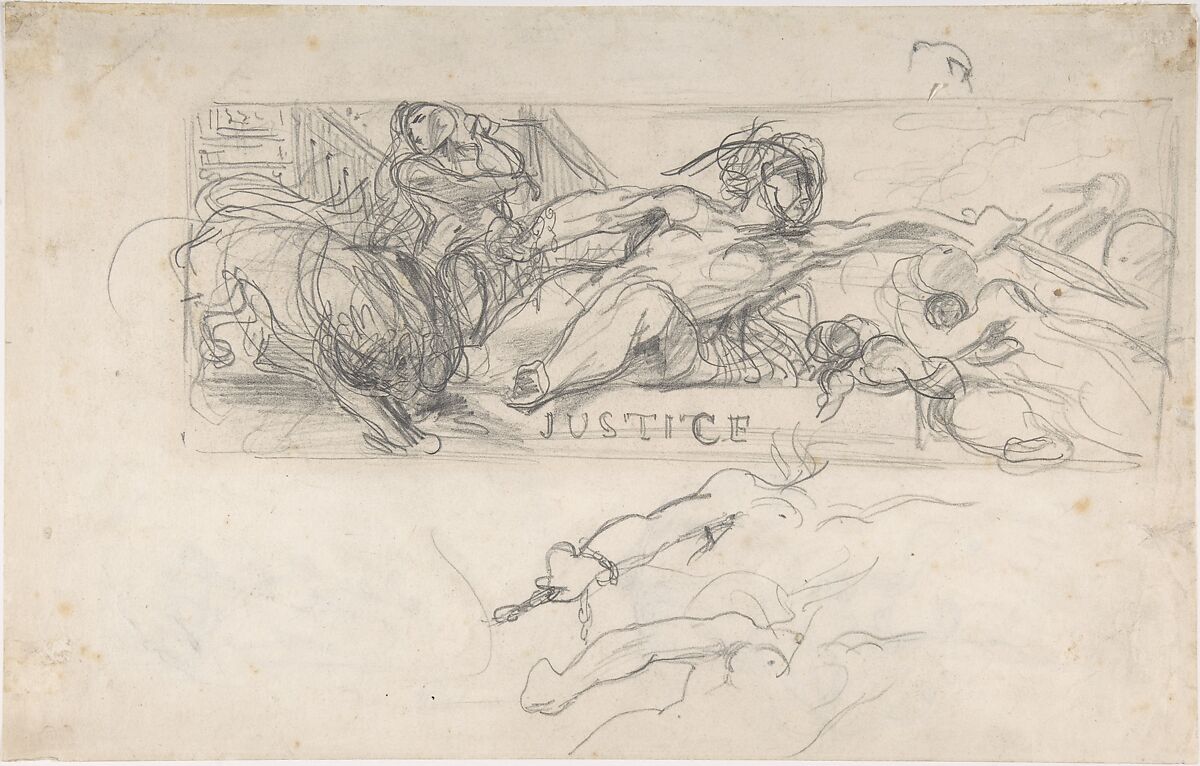 Study for an allegorical figure of Justice in the ceiling decoration of the Salon du Roi, Palais Bourbon; verso: studies of allegorical figures, and architectural sketches., Eugène Delacroix  French, Graphite on wove paper
