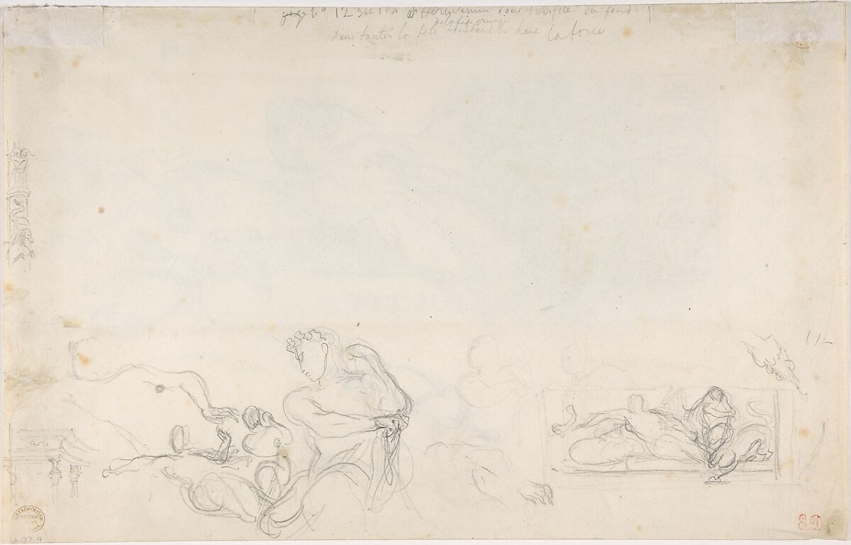 Study for an allegorical figure of Justice in the ceiling decoration of the Salon du Roi, Palais Bourbon (recto); studies of allegorical figures, and architectural sketches (verso), Eugène Delacroix (French, Charenton-Saint-Maurice 1798–1863 Paris), Graphite
