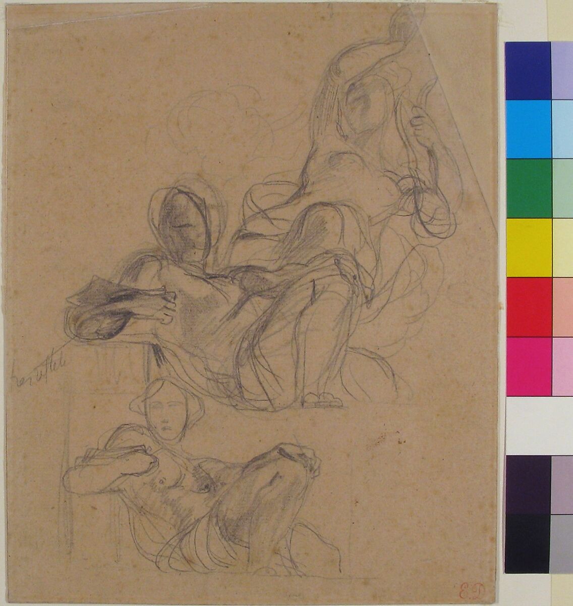 Sheet of figure studies: two studies of a reclining figure, and a seated figure holding a lyre (?), Eugène Delacroix (French, Charenton-Saint-Maurice 1798–1863 Paris), Graphite