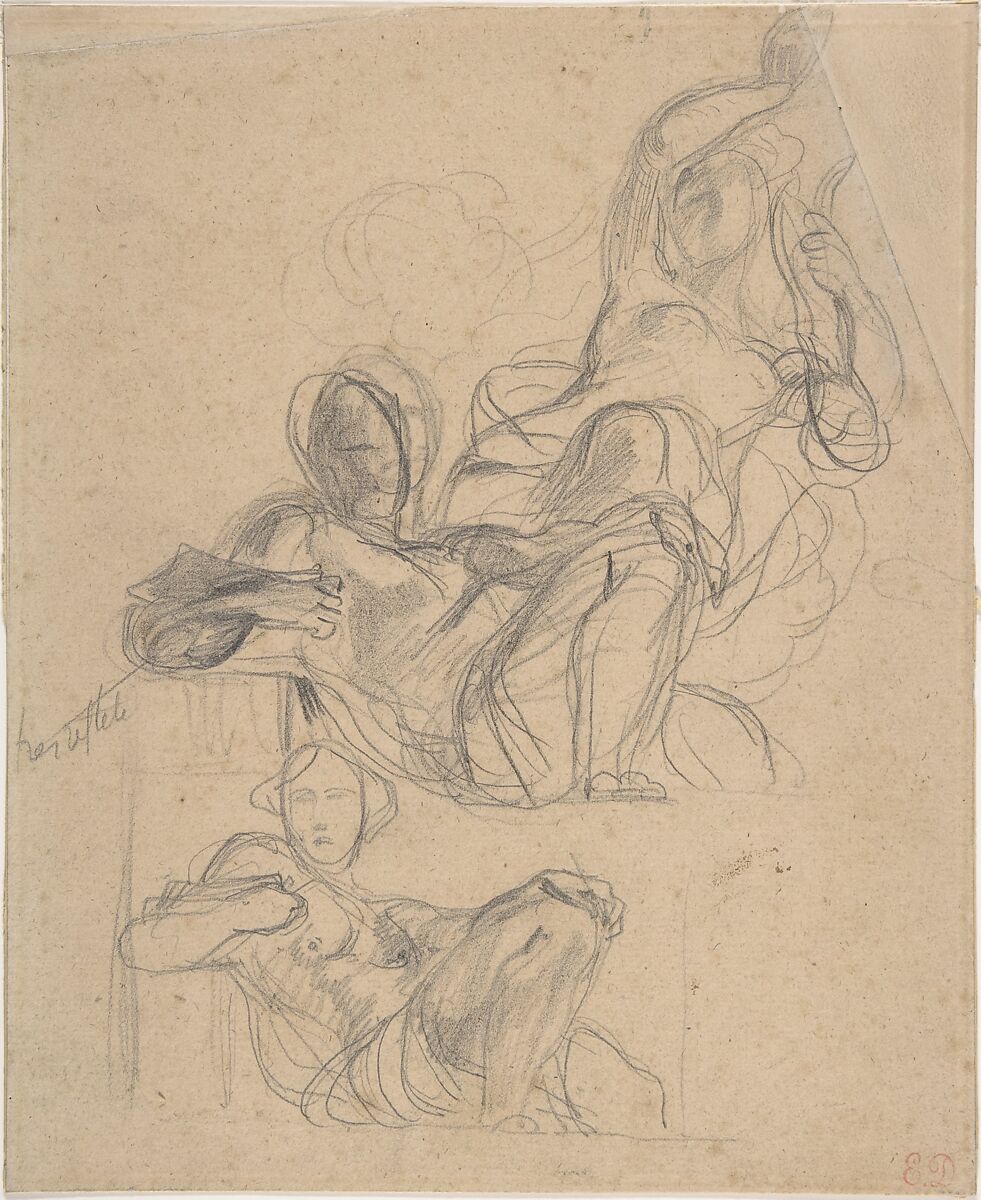 Sheet of figure studies: two studies of a reclining figure, and a seated figure holding a lyre (?)., Eugène Delacroix  French, Graphite on laid paper, mounted on cardboard