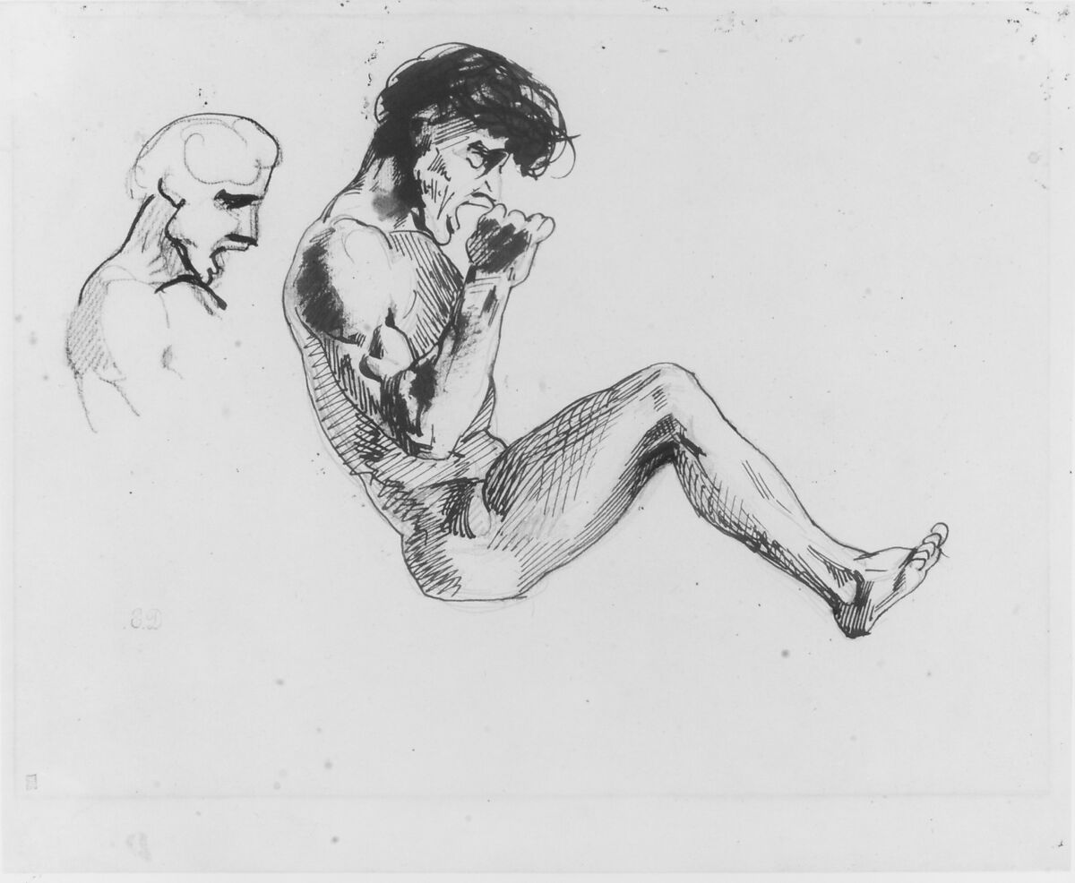 Studies of a Damned Man, for "The Barque of Dante", Eugène Delacroix (French, Charenton-Saint-Maurice 1798–1863 Paris), Pen, brown ink, black wash over black chalk and graphite