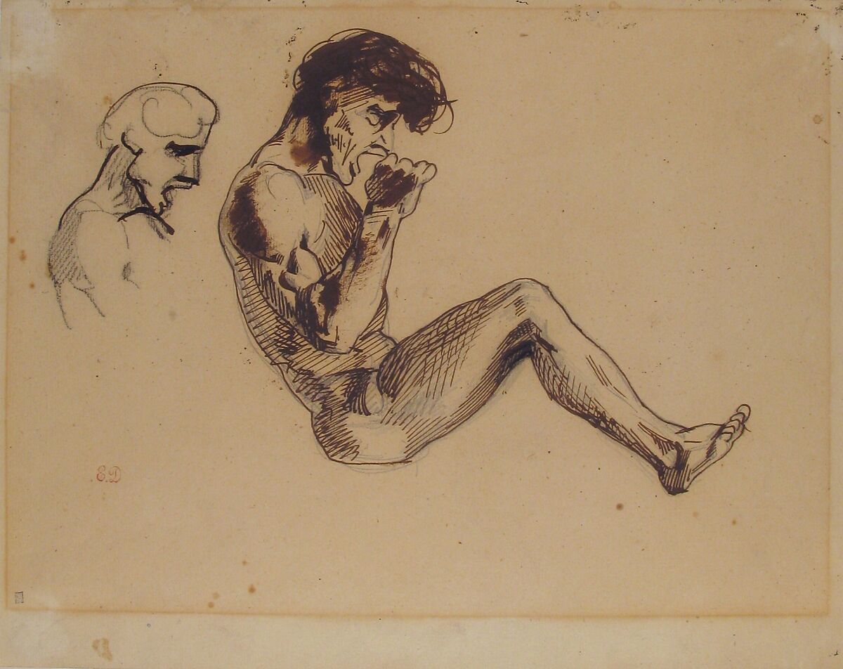 Studies of a Damned Man, for "The Barque of Dante", Eugène Delacroix (French, Charenton-Saint-Maurice 1798–1863 Paris), Pen, brown ink, black wash over black chalk and graphite