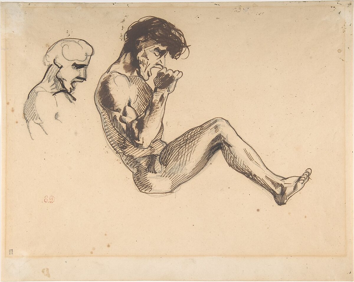 Studies of a Damned Man, for "The Barque of Dante", Eugène Delacroix (French, Charenton-Saint-Maurice 1798–1863 Paris), Pen, brown ink, black wash over black chalk and graphite 