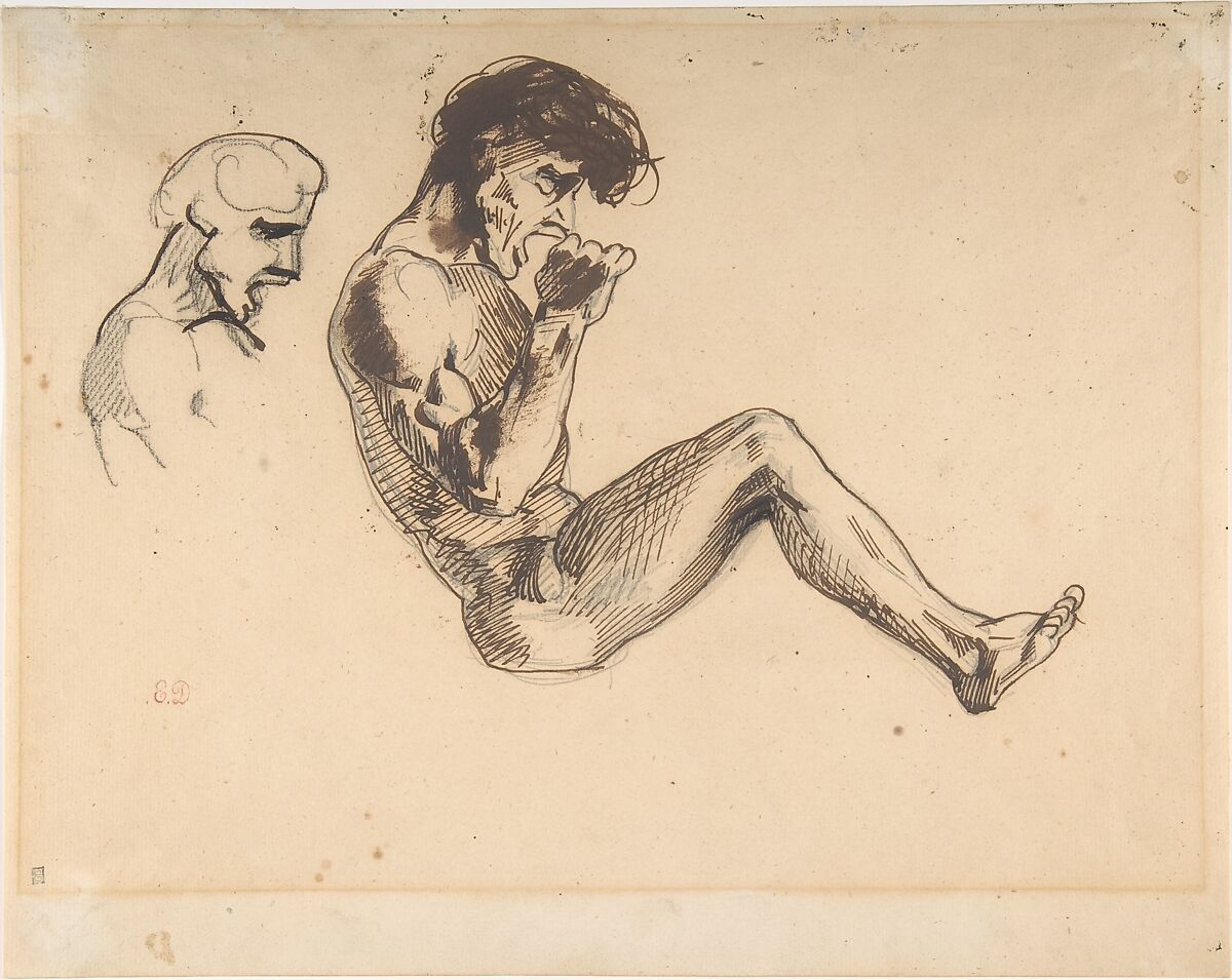 Studies of a Damned Man, for "The Barque of Dante", Eugène Delacroix  French, Pen, brown ink, black wash over black chalk and graphite