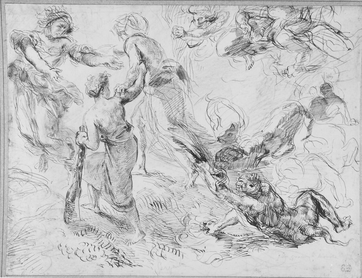 The Triumph of Genius over Envy, Eugène Delacroix (French, Charenton-Saint-Maurice 1798–1863 Paris), Pen and brown ink over graphite on laid paper, mounted on cardboard