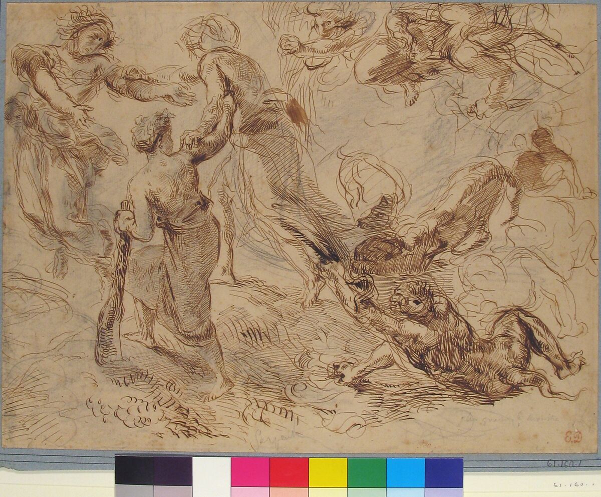 The Triumph of Genius over Envy, Eugène Delacroix (French, Charenton-Saint-Maurice 1798–1863 Paris), Pen and brown ink over graphite on laid paper, mounted on cardboard
