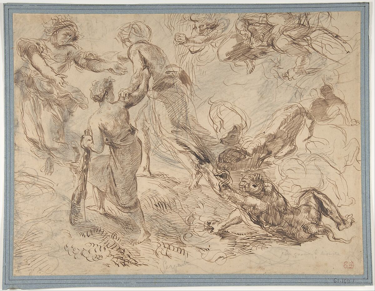 The Triumph of Genius over Envy, Eugène Delacroix (French, Charenton-Saint-Maurice 1798–1863 Paris), Pen and brown ink over graphite on laid paper, mounted on cardboard 